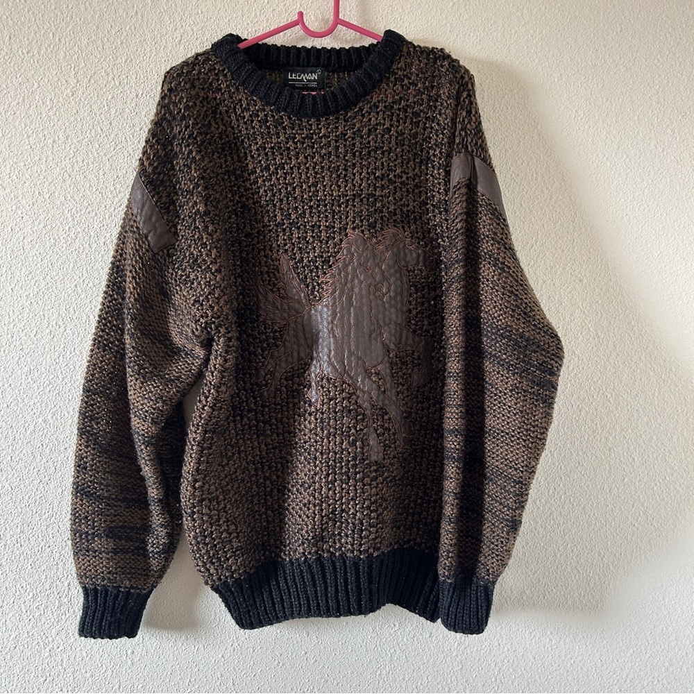 VTG LEEMAN Korea Fishermen Grandpa Leather Horse Graphic Knit Sweater Men’s L